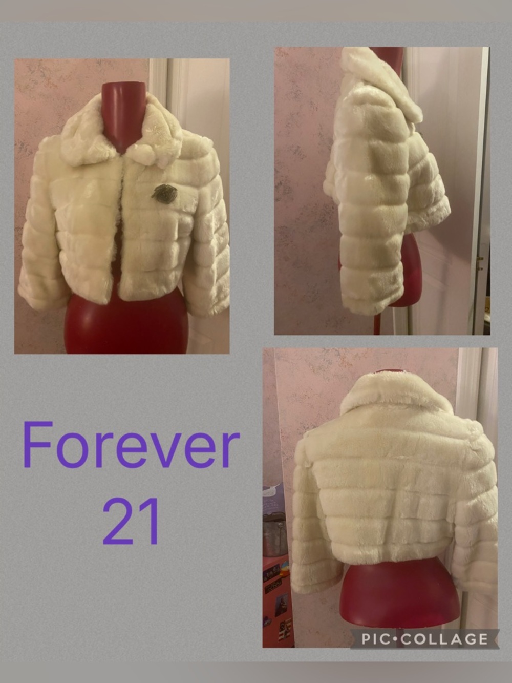 Forever 21 white faux fur crop coat size medium